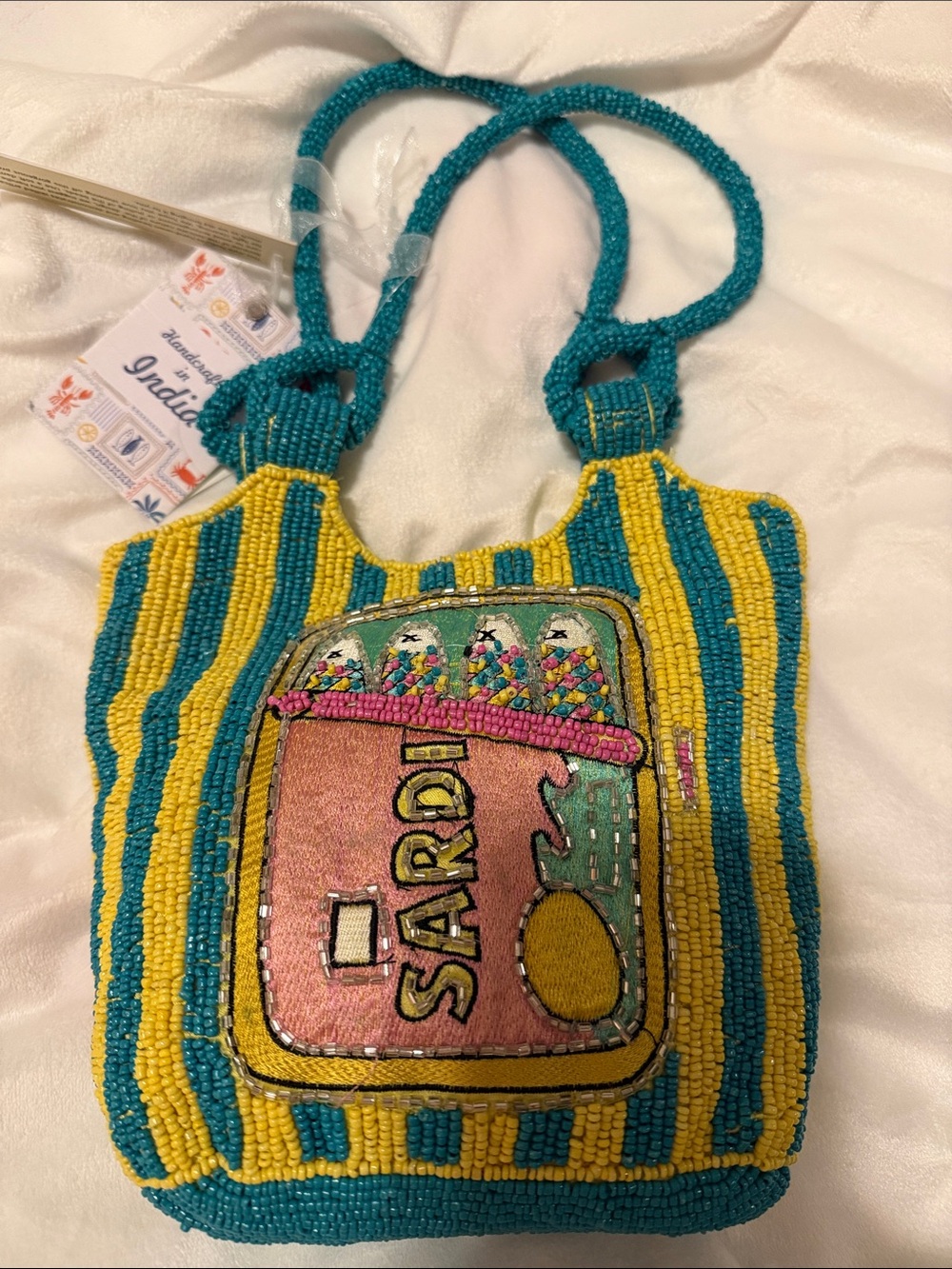 RDI Beaded Turquoise and Yellow Sardine Patch Shoulder Bag